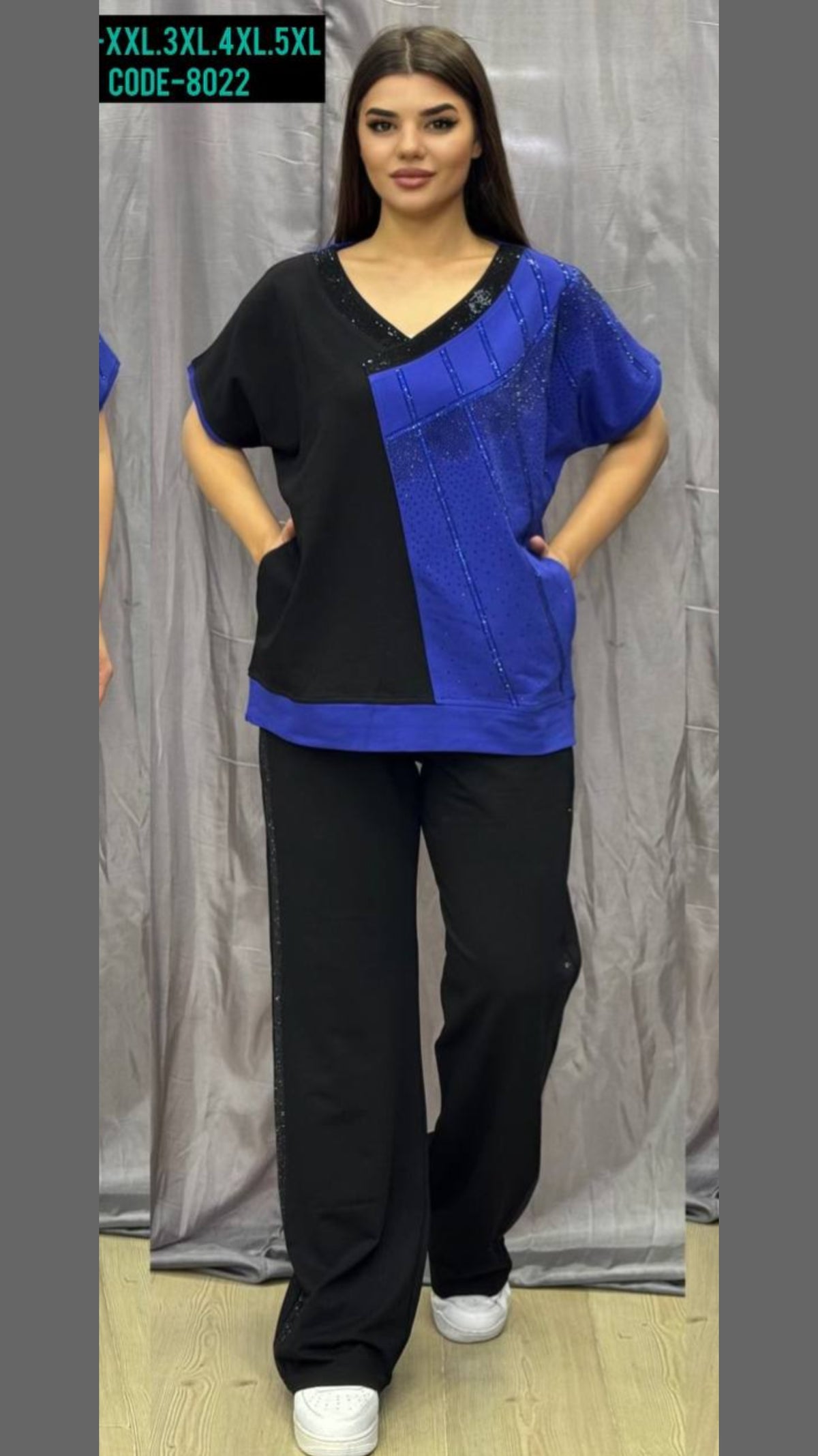 V neck black blue survêt
